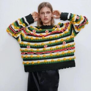 Zara Knit Floral Limited Edition Chunky Knit Sweater